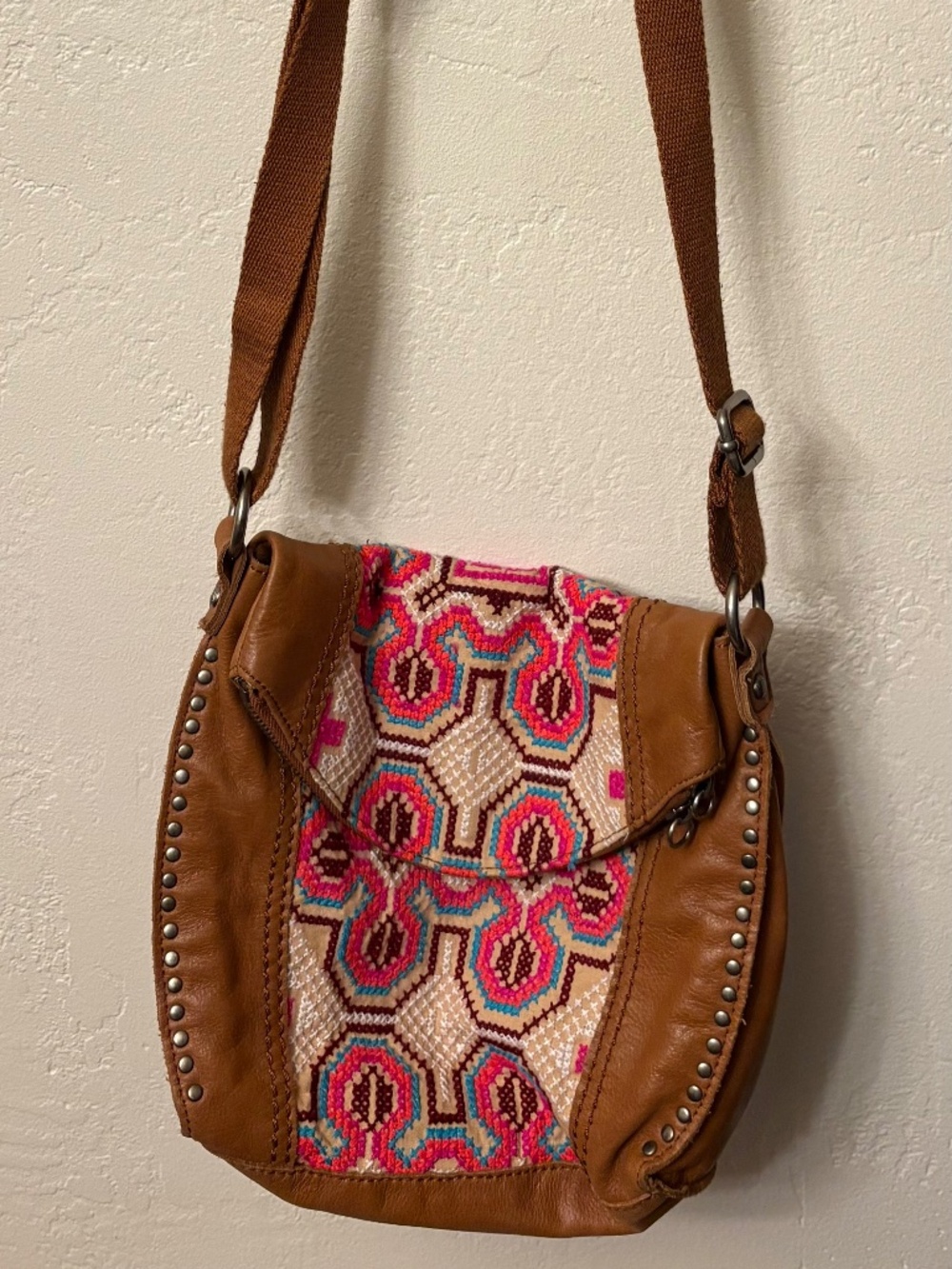 The Sak Brown Leather Embroidered Studded Crossbody Bag
